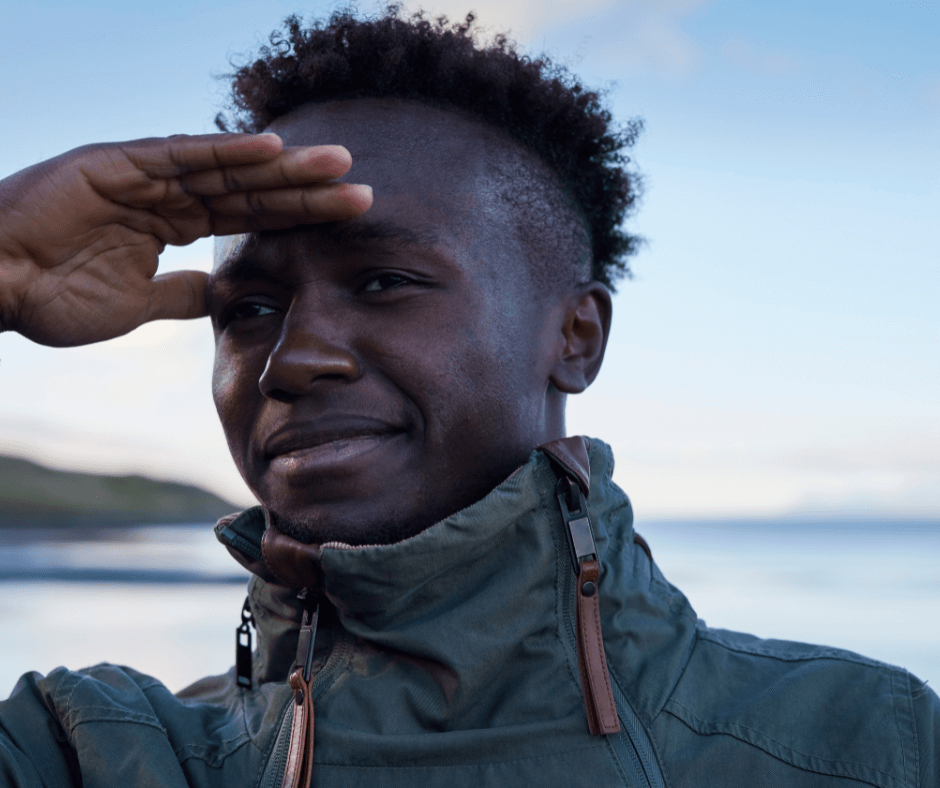 lost and found. Young black man on beach